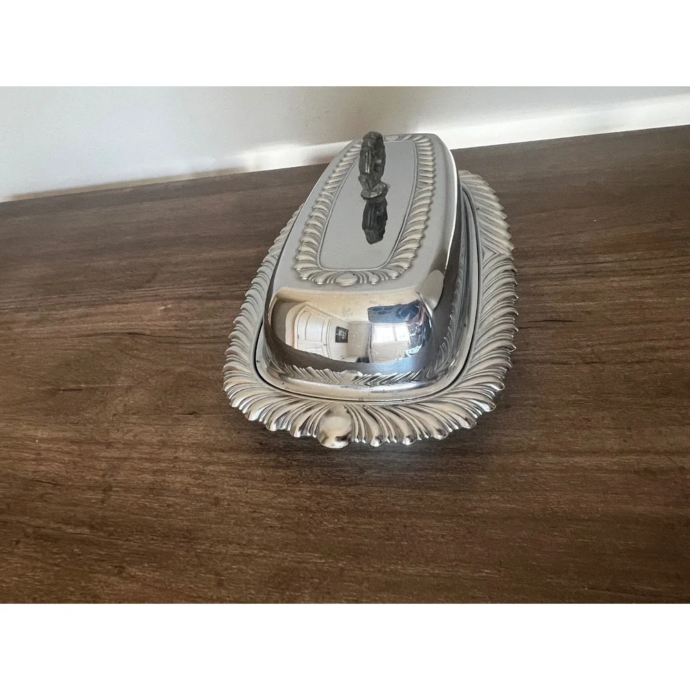 Vintage Chrome Butter Dish with Domed Lid and Ornate Feathered Edge